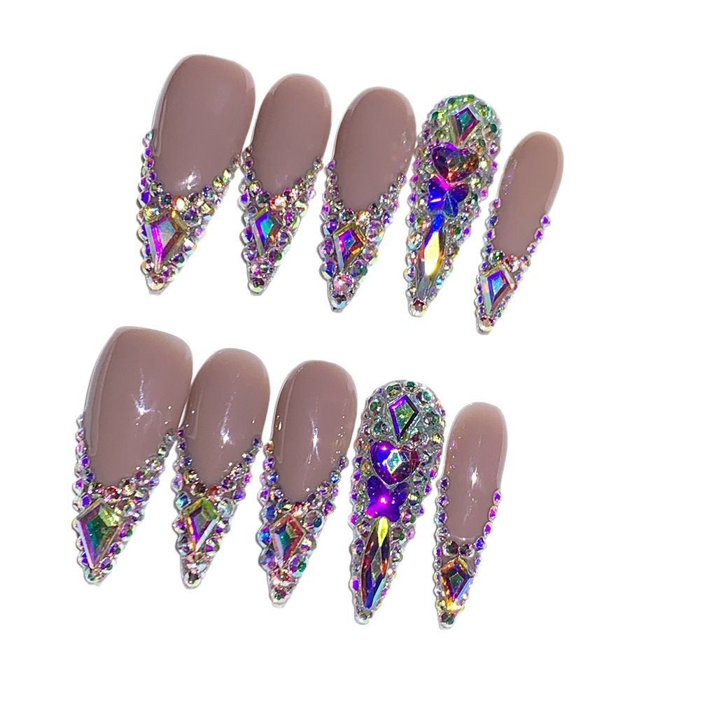 Crystal Encrusted Nude Acrylic Press-On Nails – Luxury Rhinestone Stiletto Set