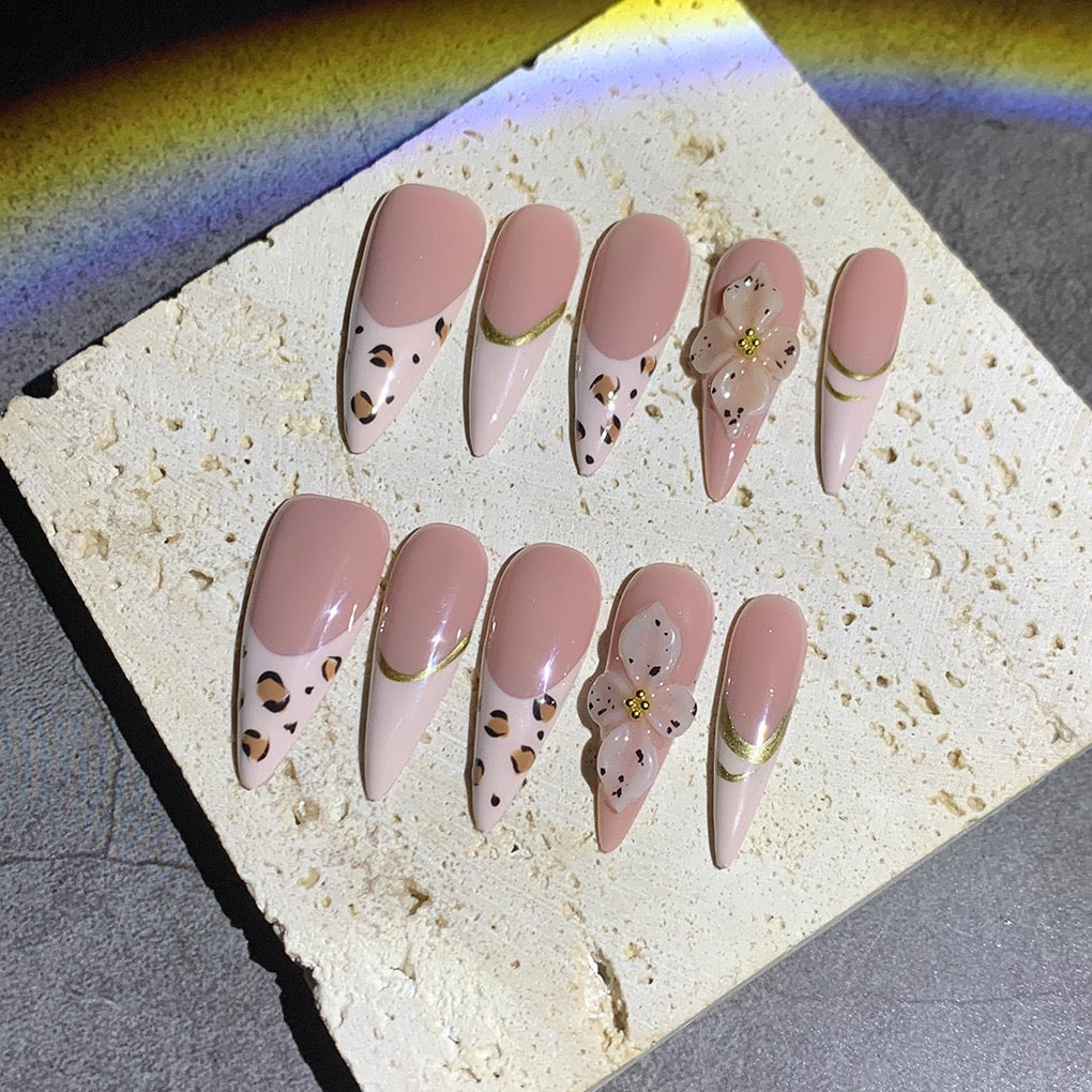 Blush Pink Leopard French Tip with 3D Flower Accent