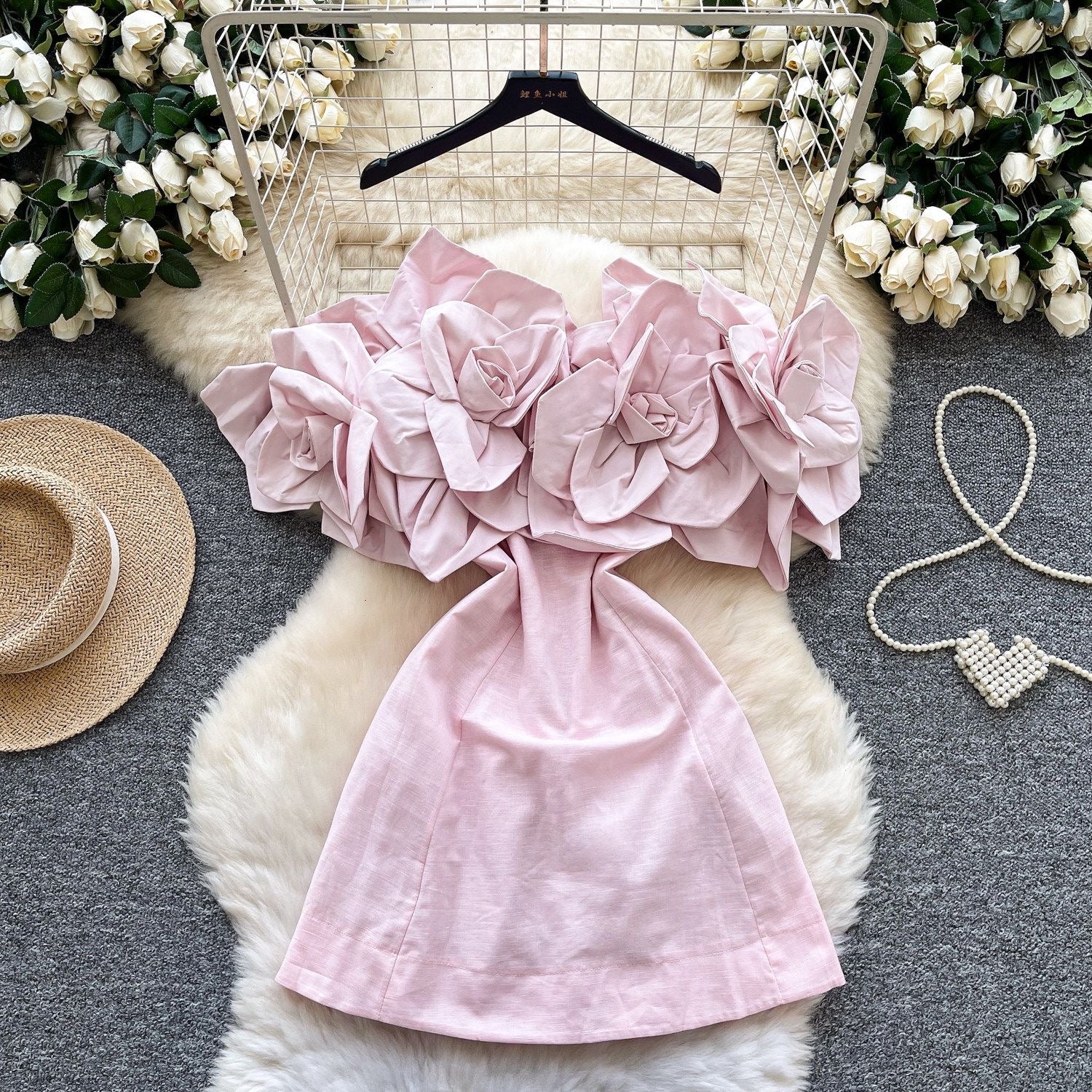 3D floral appliqué blooming roses dress