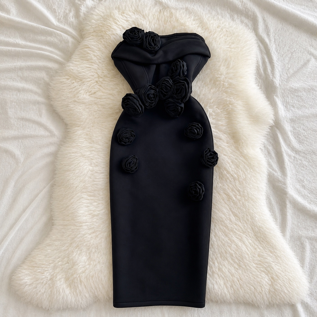 Elegant 3D Rose Strapless Midi Dress – Bodycon Party Evening Dress