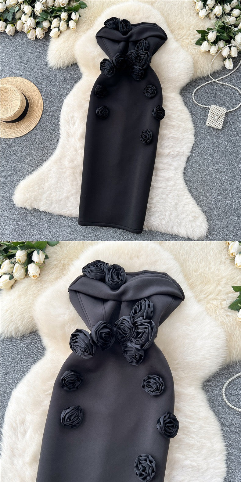Elegant 3D Rose Strapless Midi Dress – Bodycon Party Evening Dress