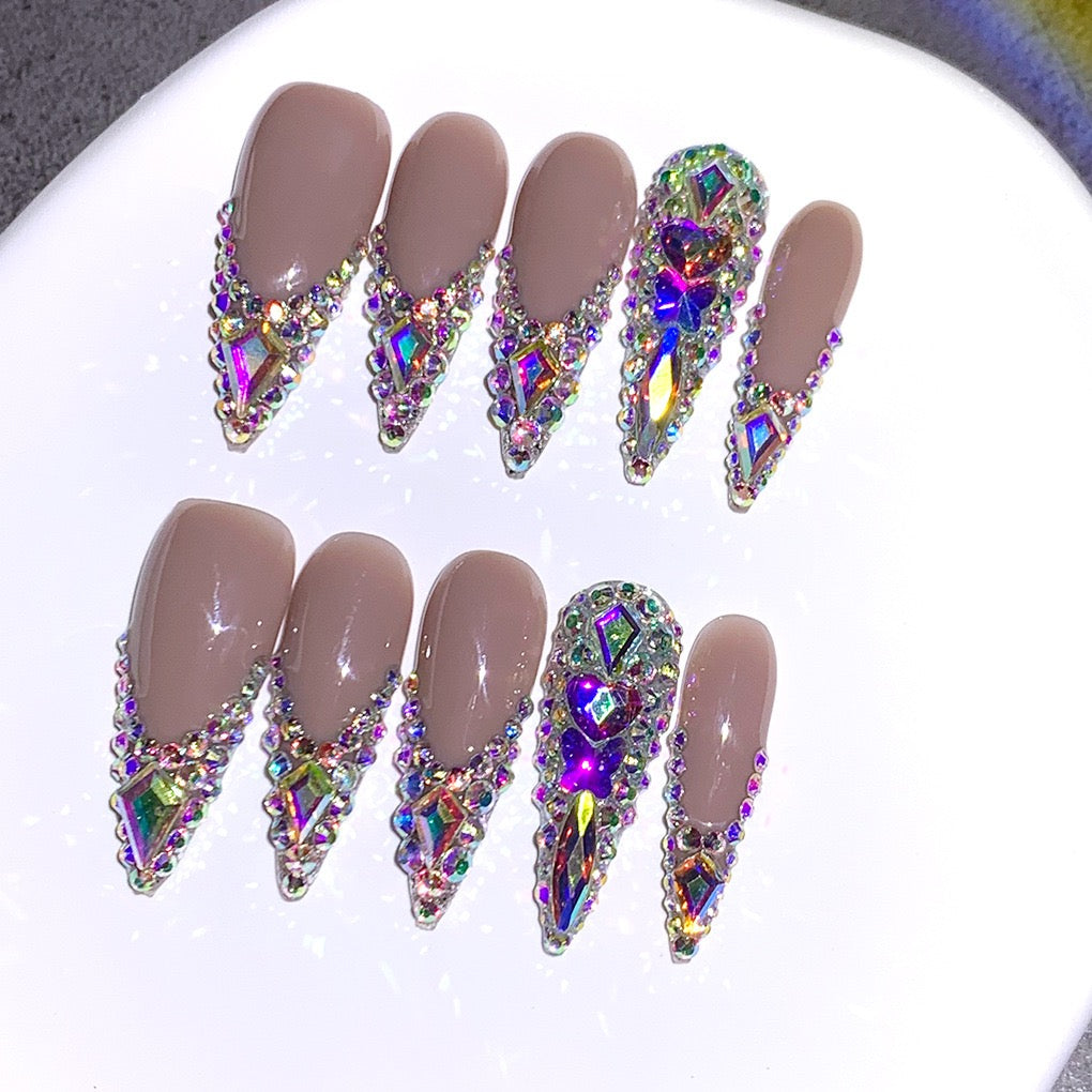 Crystal Encrusted Nude Acrylic Press-On Nails – Luxury Rhinestone Stiletto Set