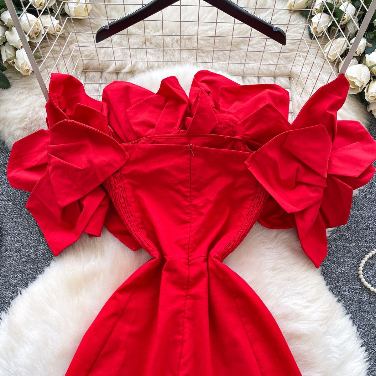 3D floral appliqué blooming roses dress