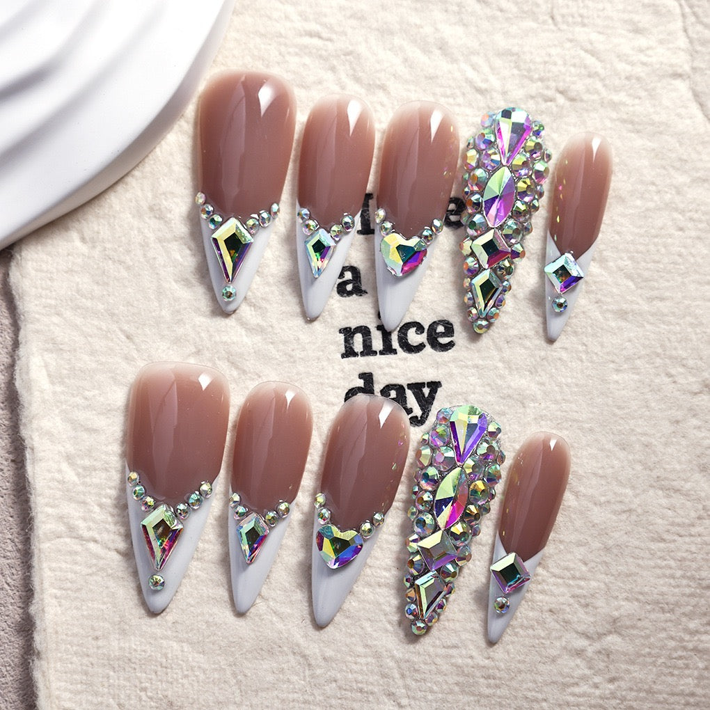 Stiletto french tips rhinestone Acrylic Set