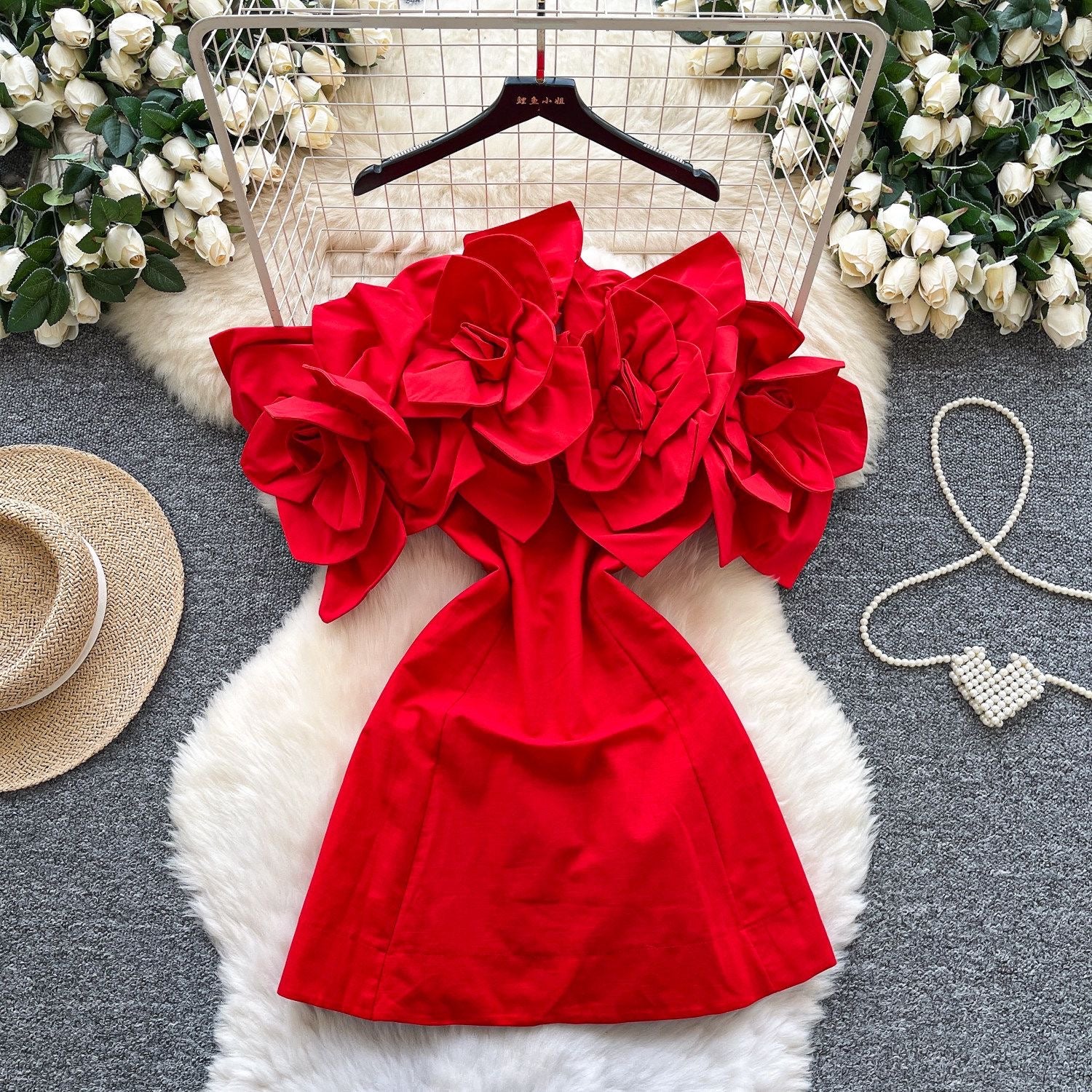 3D floral appliqué blooming roses dress