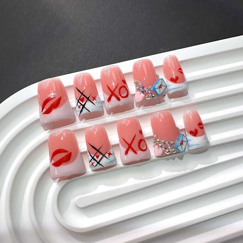 Handmade Love Letter Acrylic Press-On Nails – XO, Kiss Print, Rhinestone Accent Set