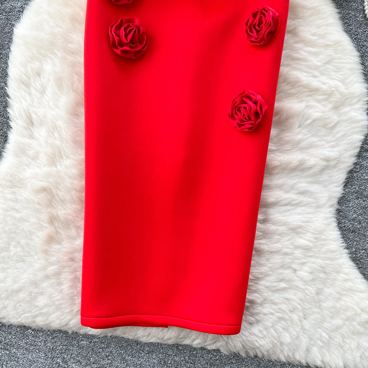 Elegant 3D Rose Strapless Midi Dress – Bodycon Party Evening Dress