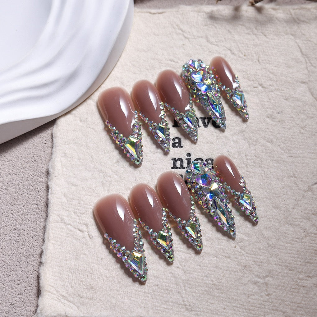 Crystal Encrusted Nude Acrylic Press-On Nails – Luxury Rhinestone Stiletto Set