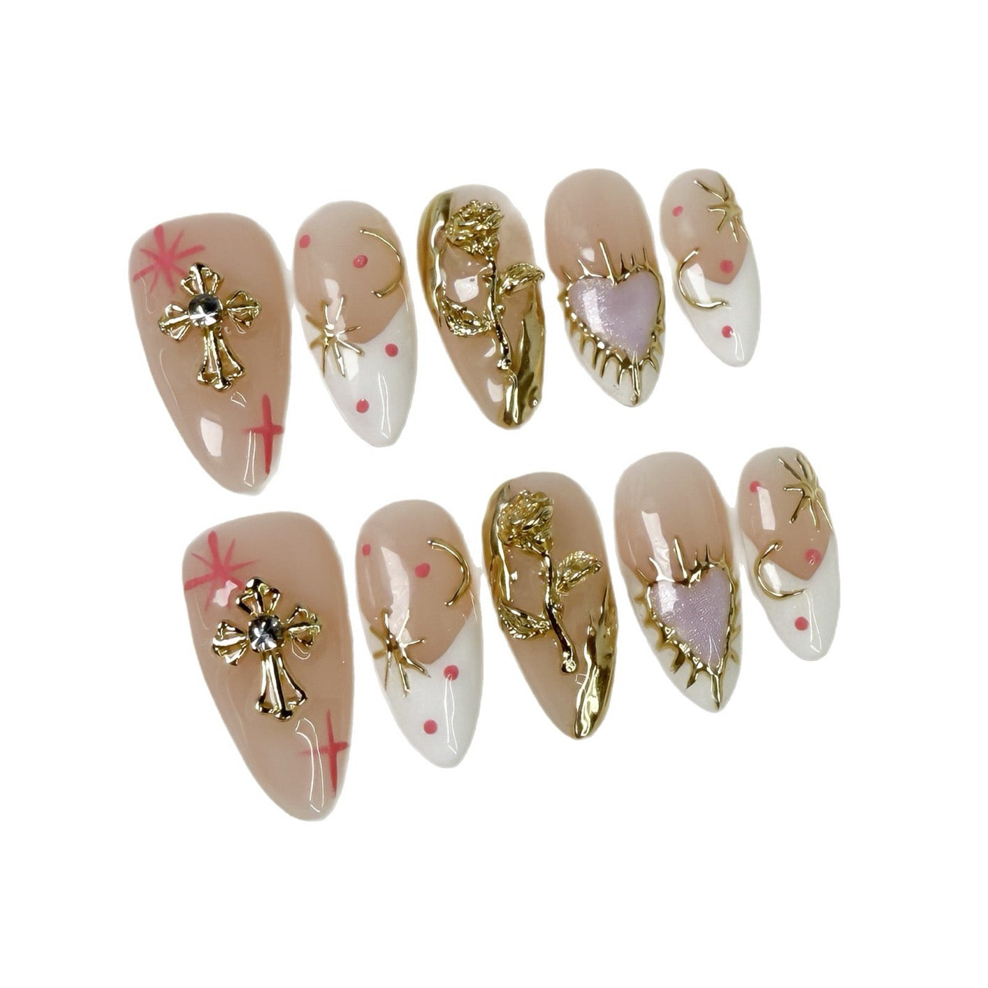 Gold design Nude Acrylic Nails -Oval