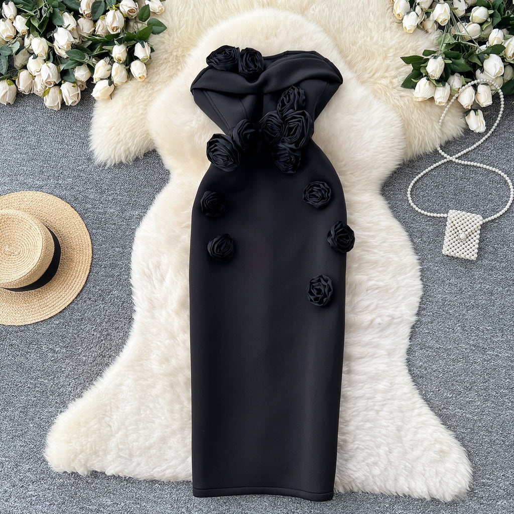 Elegant 3D Rose Strapless Midi Dress – Bodycon Party Evening Dress