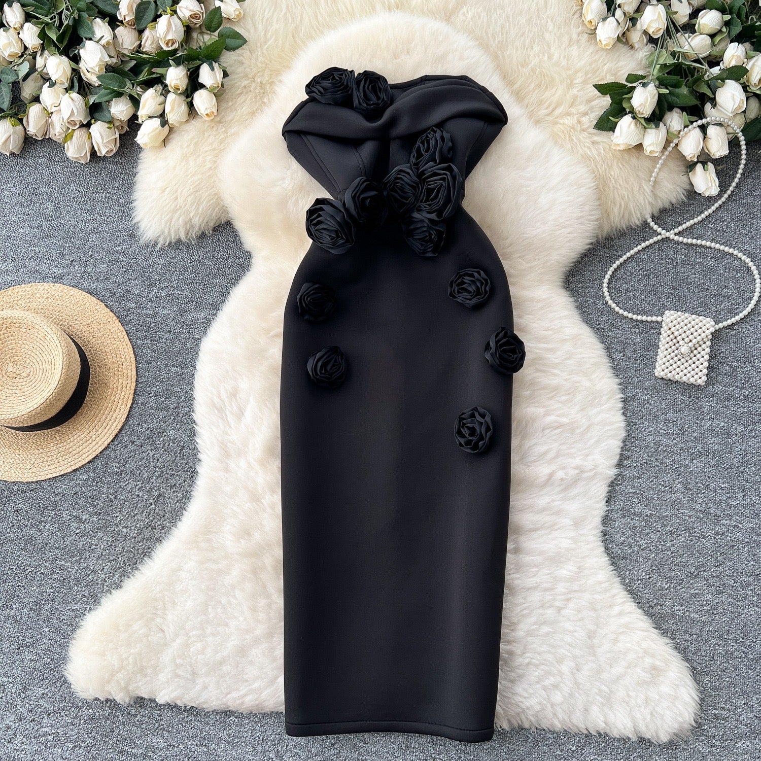 Elegant 3D Rose Strapless Midi Dress – Bodycon Party Evening Dress