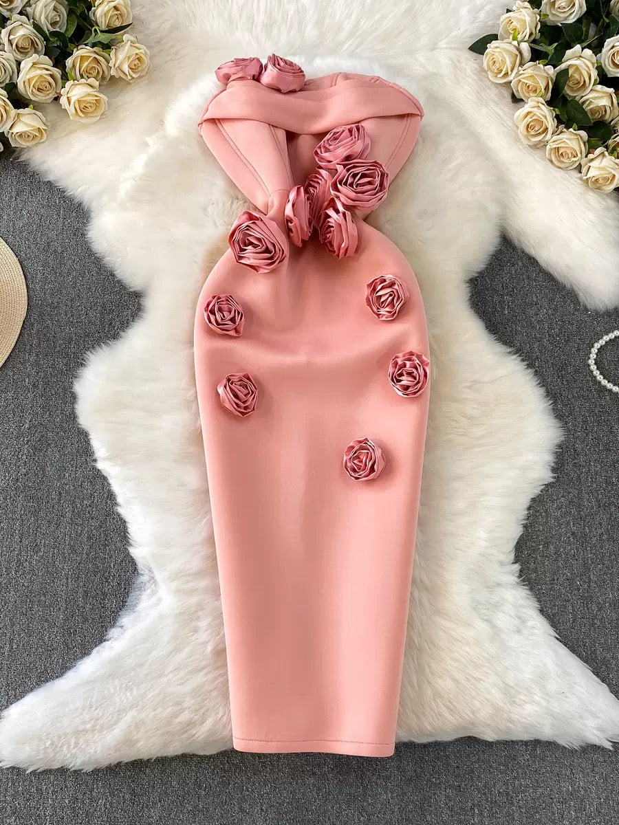 Elegant 3D Rose Strapless Midi Dress