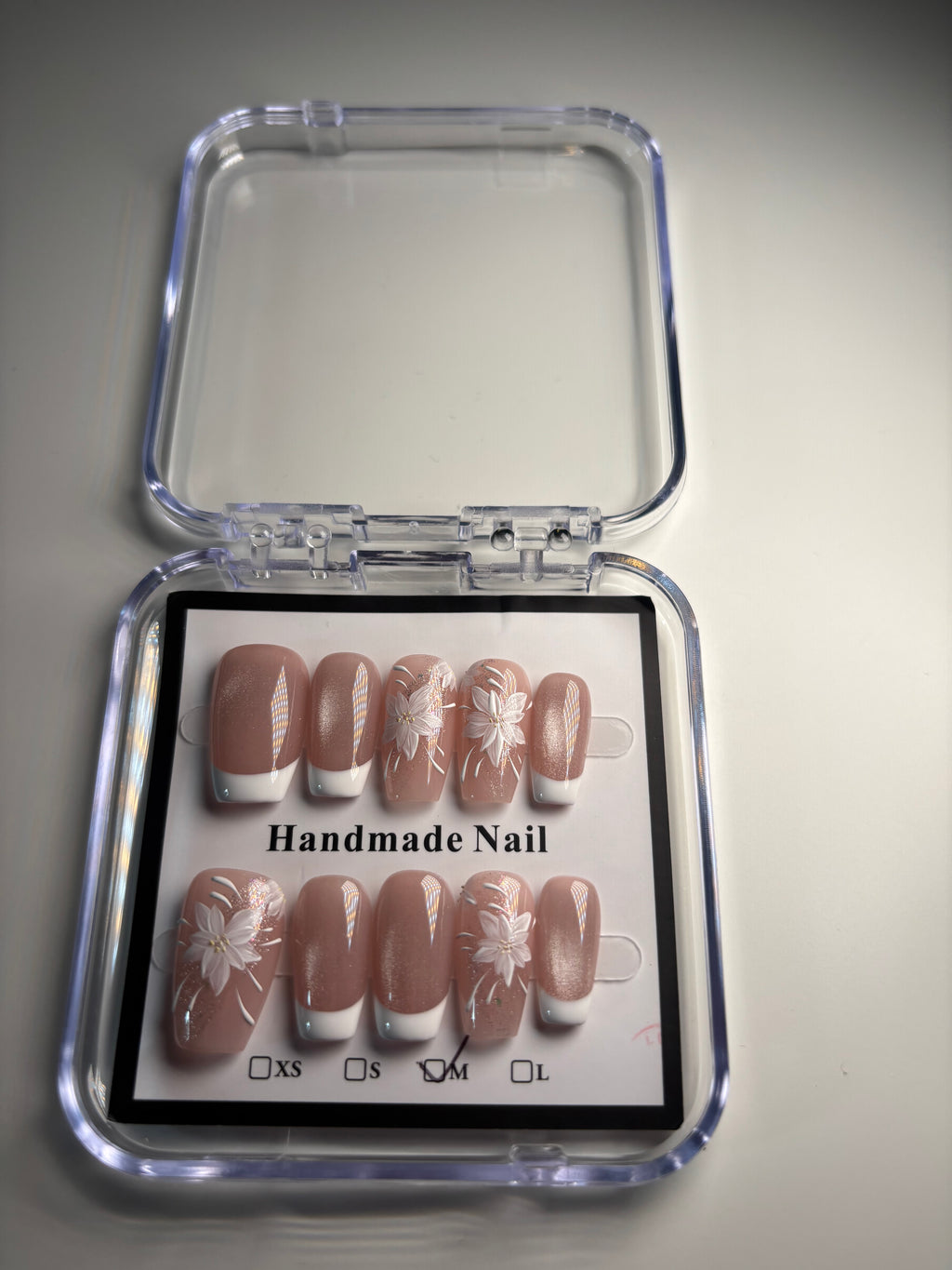 Nude Glitter Floral handmade Nails