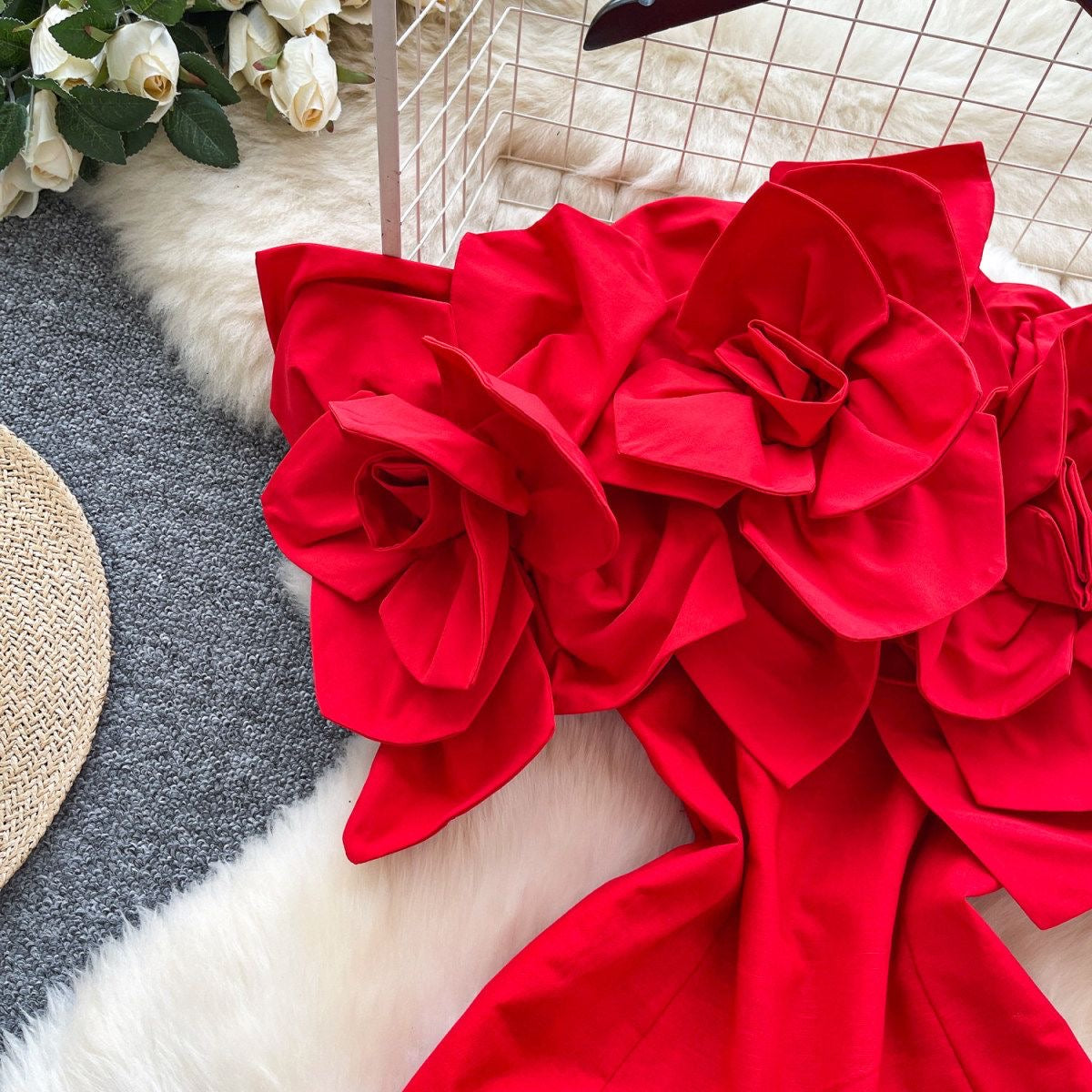 3D floral appliqué blooming roses dress