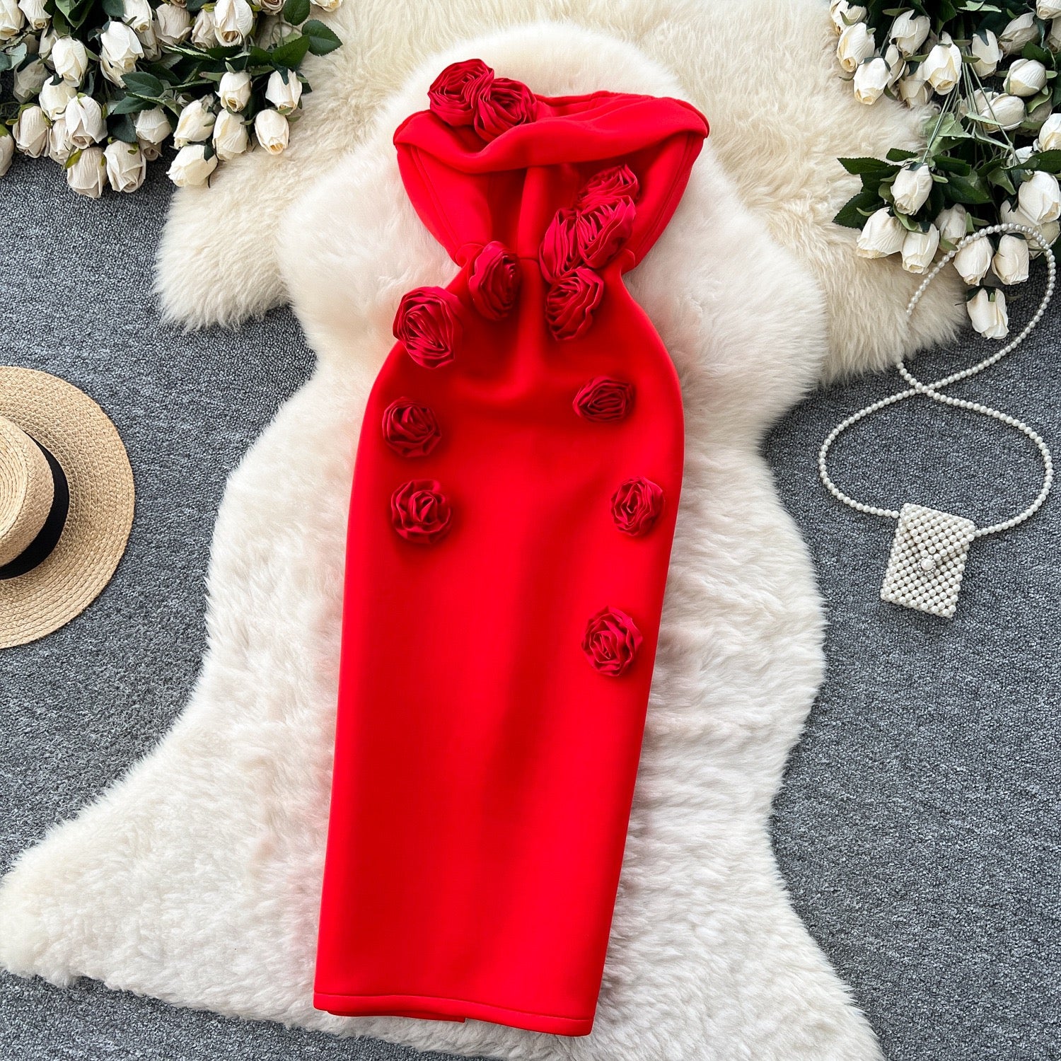 Elegant 3D Rose Strapless Midi Dress – Bodycon Party Evening Dress