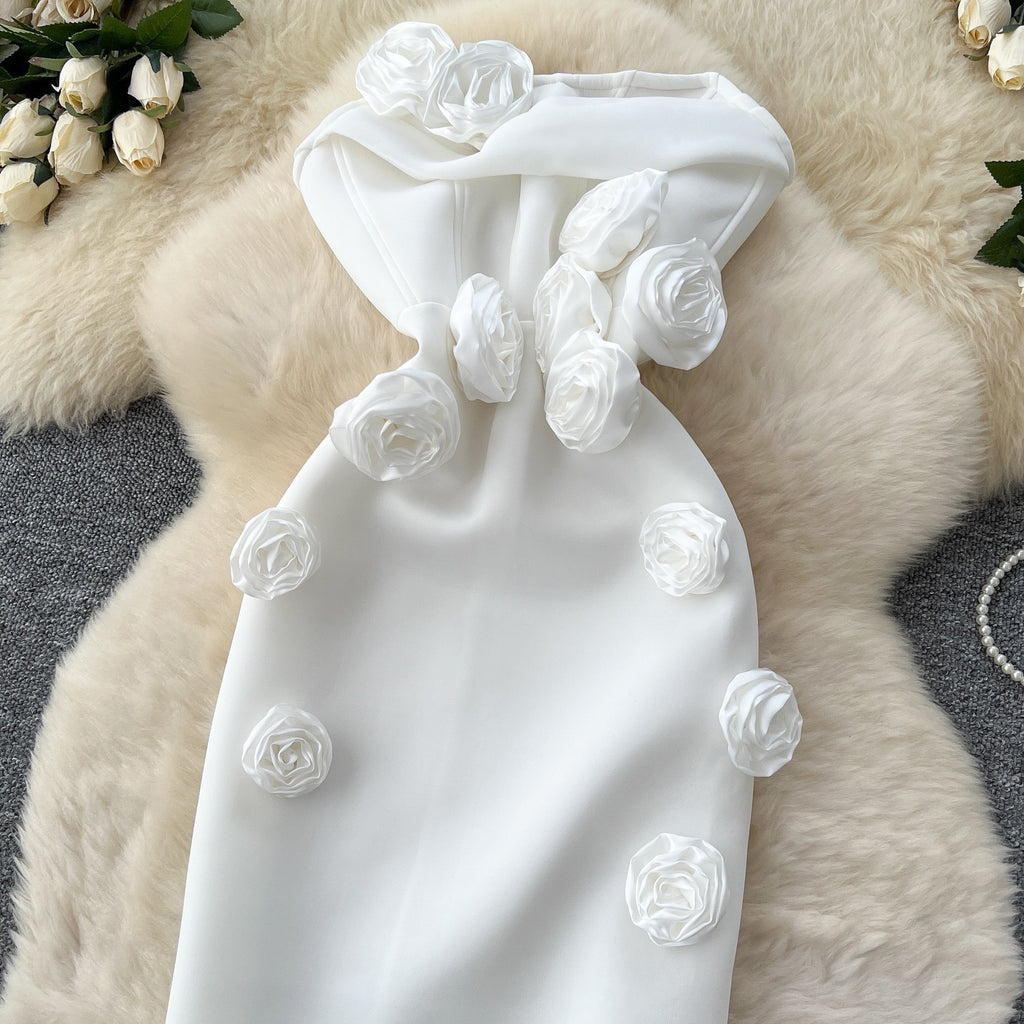 Elegant 3D Rose Strapless Midi Dress – Bodycon Party Evening Dress