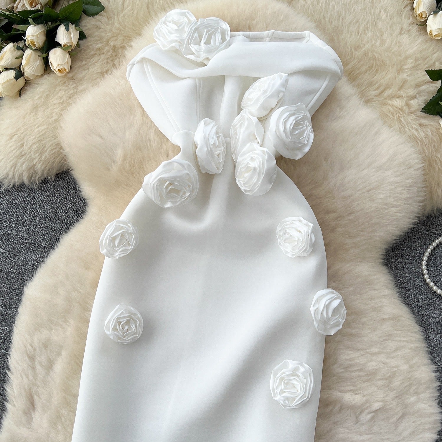 Elegant 3D Rose Strapless Midi Dress – Bodycon Party Evening Dress