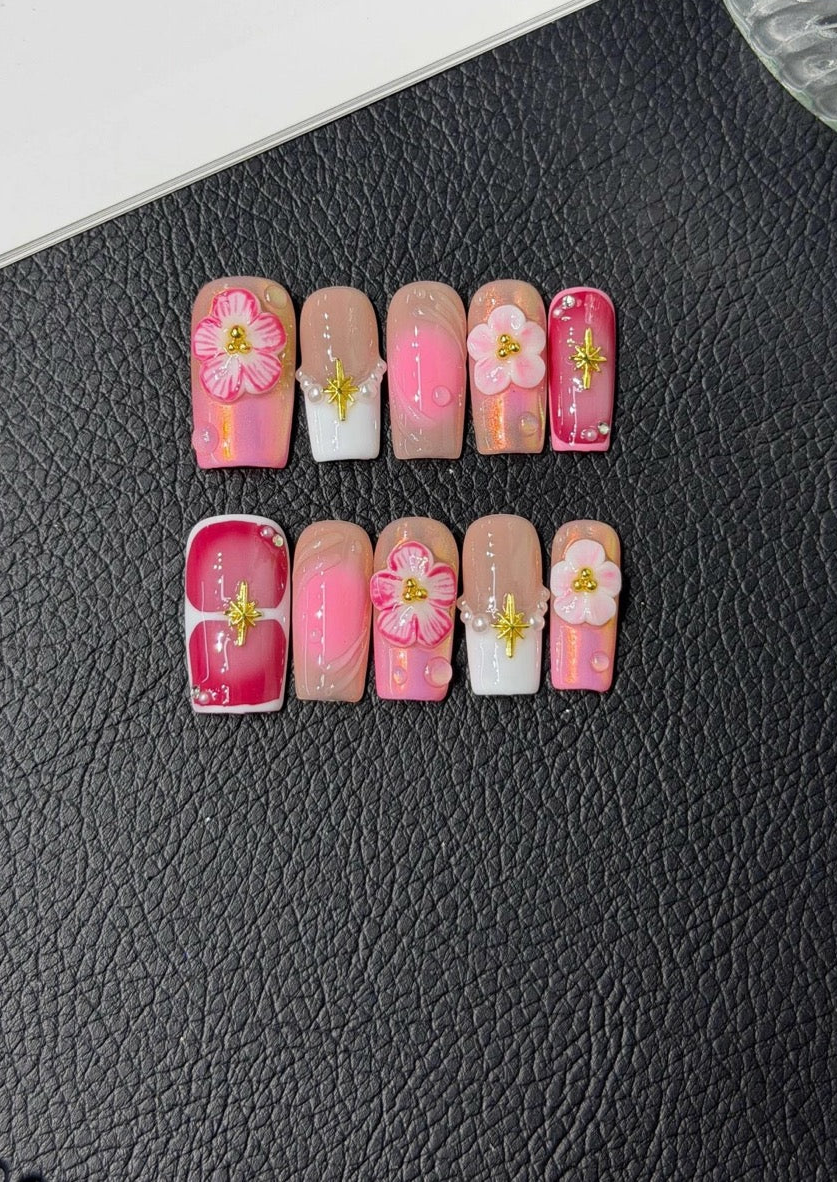 Pretty in pink 3D flower handmade acrylic personal nails