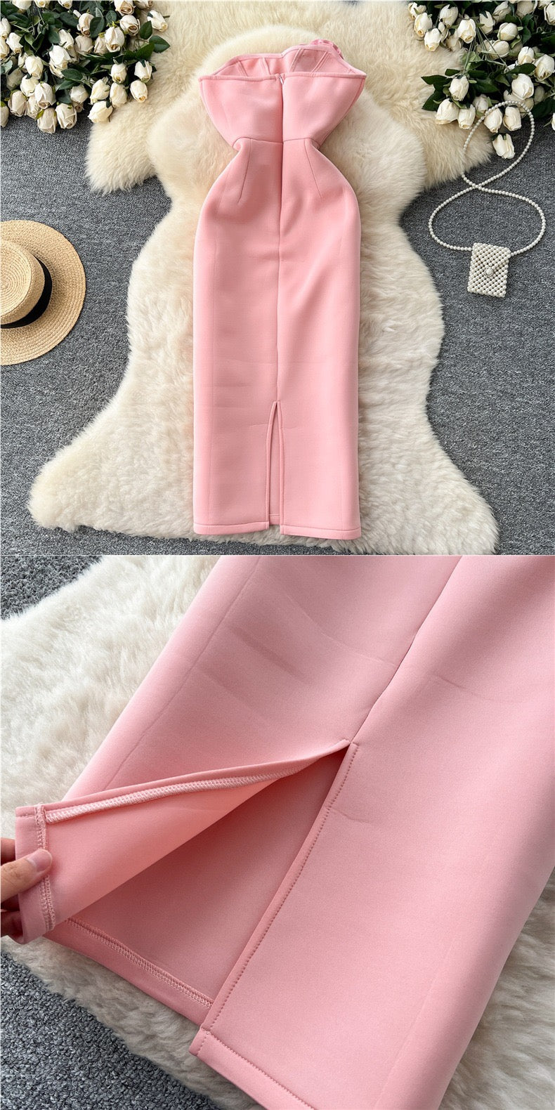 Elegant 3D Rose Strapless Midi Dress