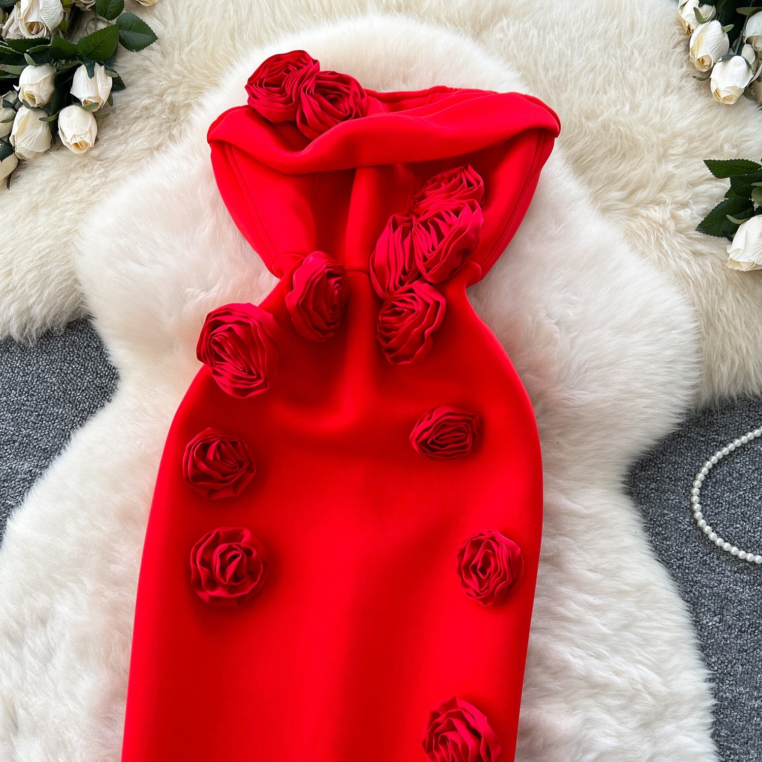Elegant 3D Rose Strapless Midi Dress – Bodycon Party Evening Dress