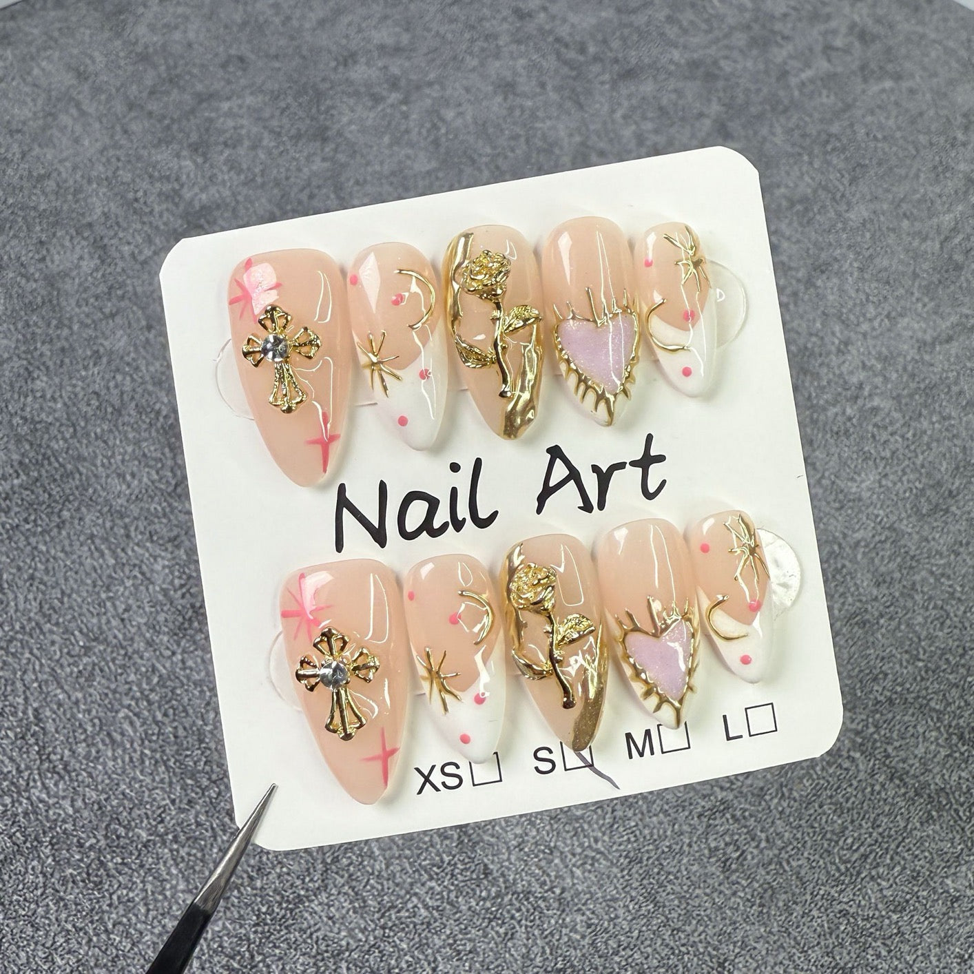 Gold design Nude Acrylic Nails -Oval