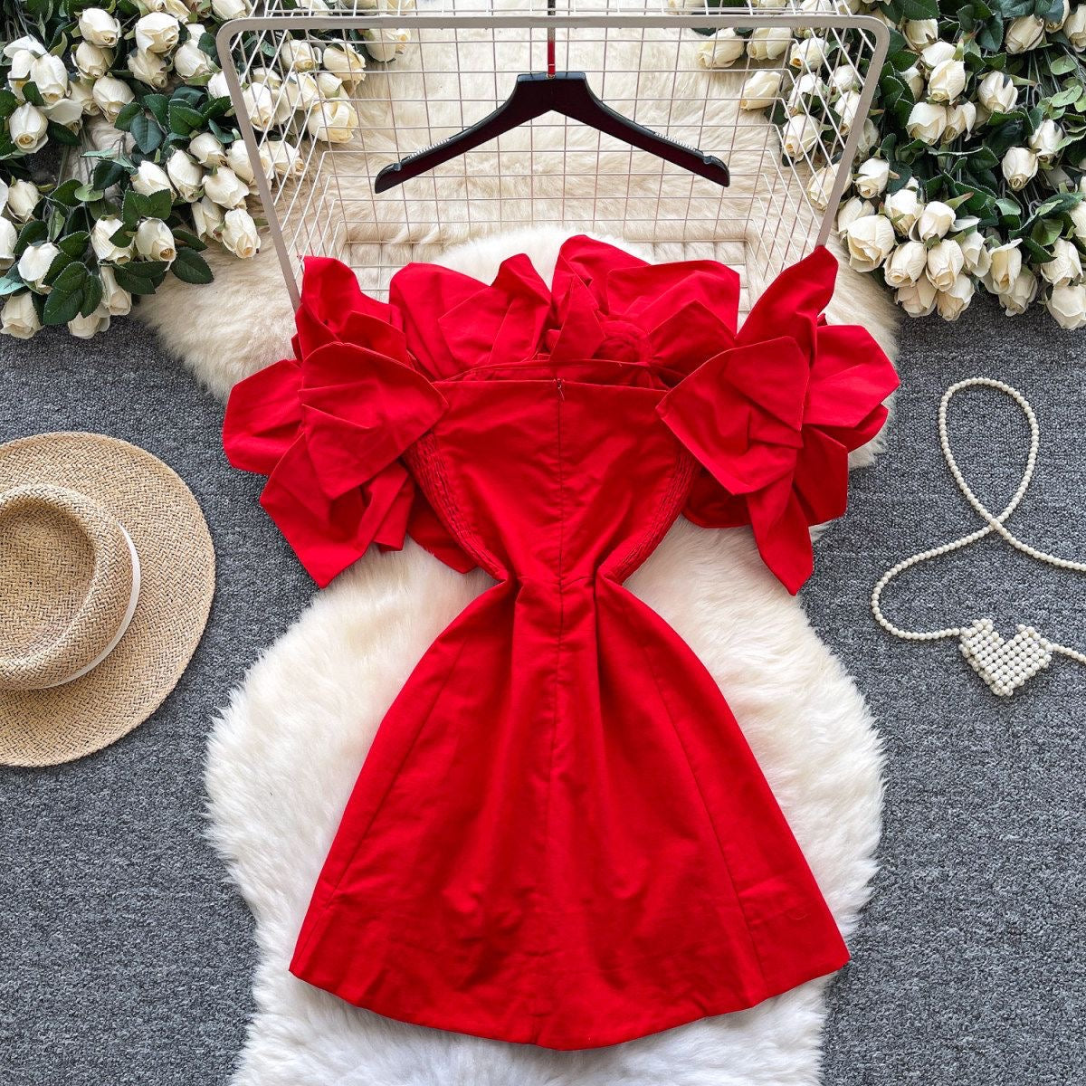 3D floral appliqué blooming roses dress