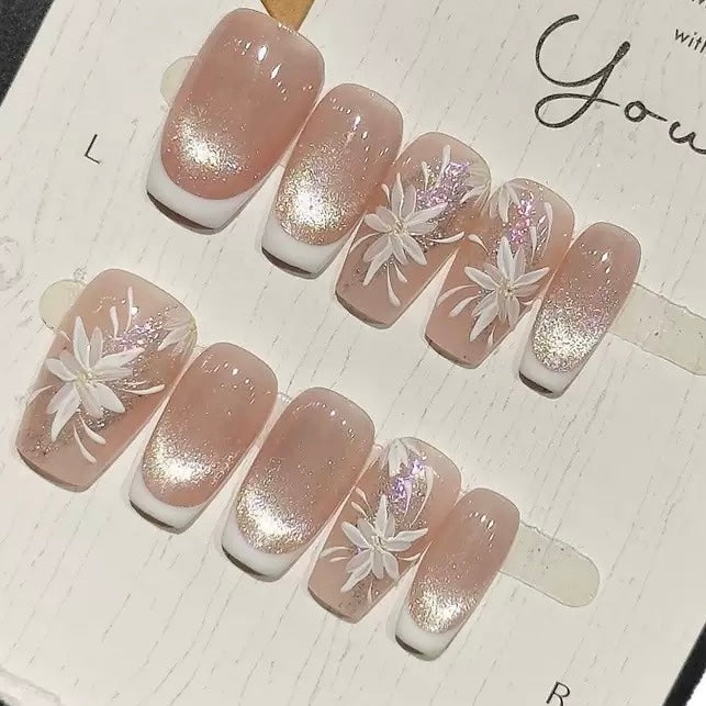 Nude Glitter Floral handmade Nails