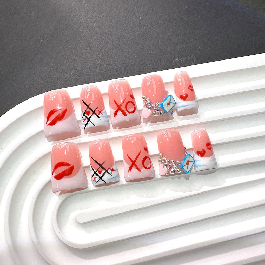 Handmade Love Letter Acrylic Press-On Nails – XO, Kiss Print, Rhinestone Accent Set