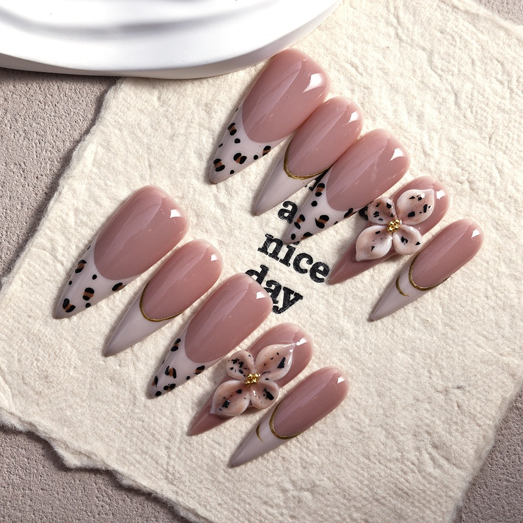 Blush Pink Leopard French Tip with 3D Flower Accent