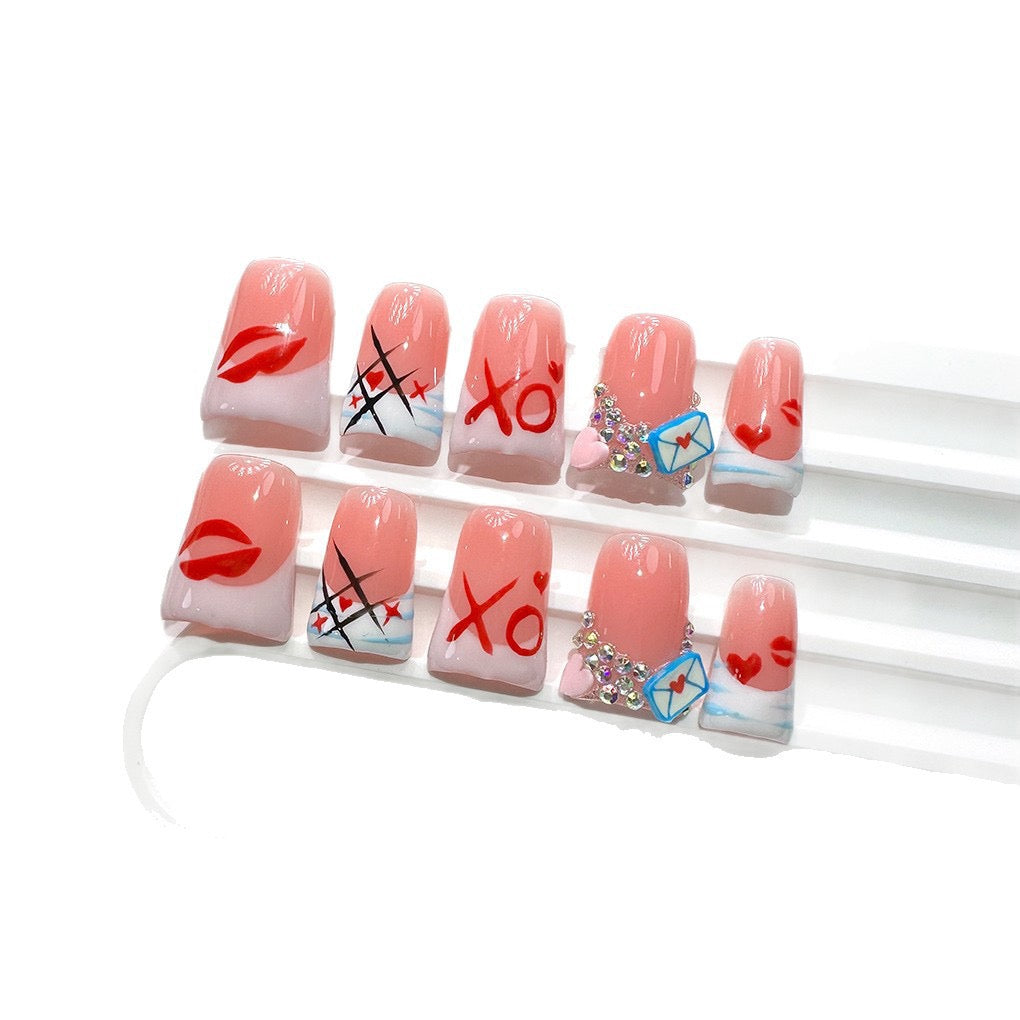 Handmade Love Letter Acrylic Press-On Nails – XO, Kiss Print, Rhinestone Accent Set