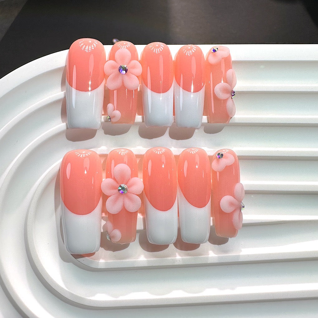 Handmade French Tip Square with 3D Flower Accent