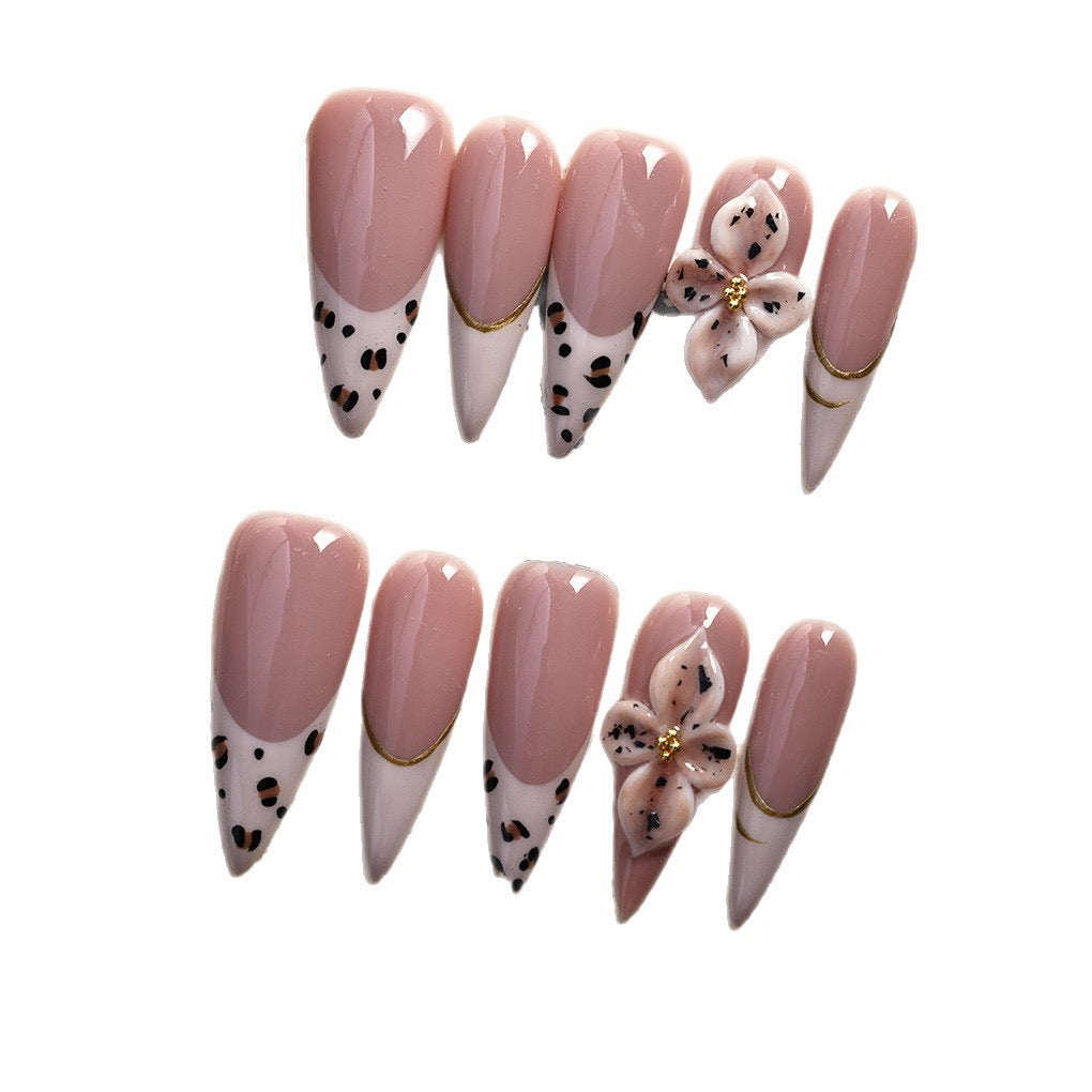 Blush Pink Leopard French Tip with 3D Flower Accent