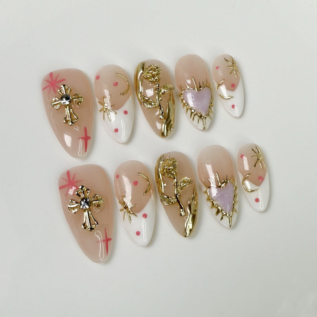 Gold design Nude Acrylic Nails -Oval