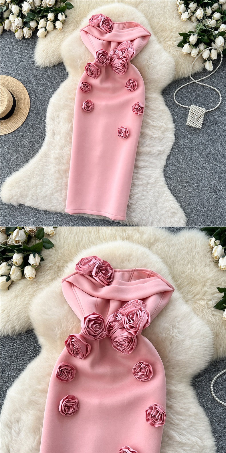 Elegant 3D Rose Strapless Midi Dress