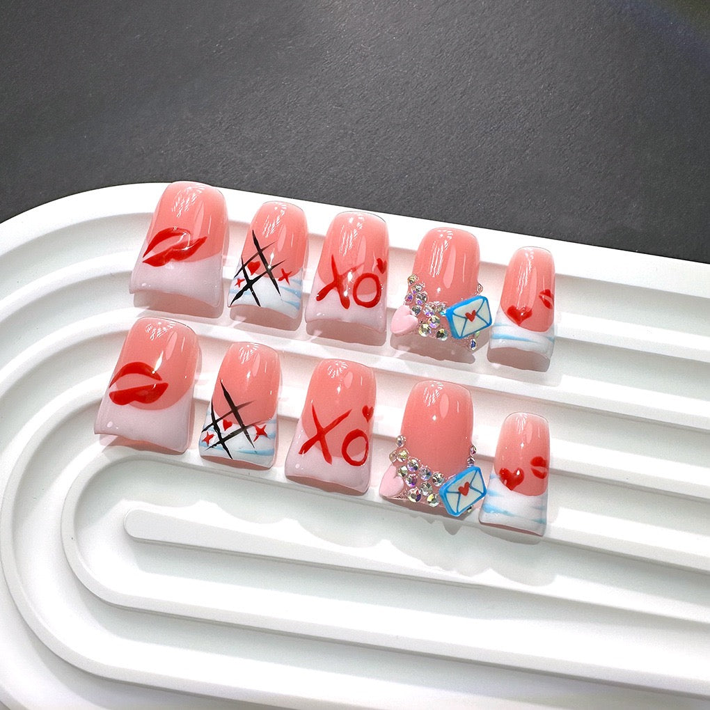 Handmade Love Letter Acrylic Press-On Nails – XO, Kiss Print, Rhinestone Accent Set