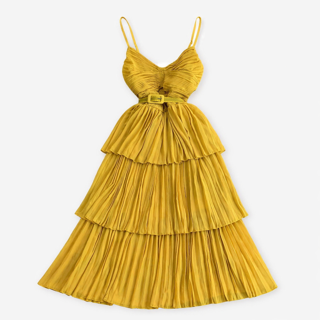 Yellow pleated midi dress with belt