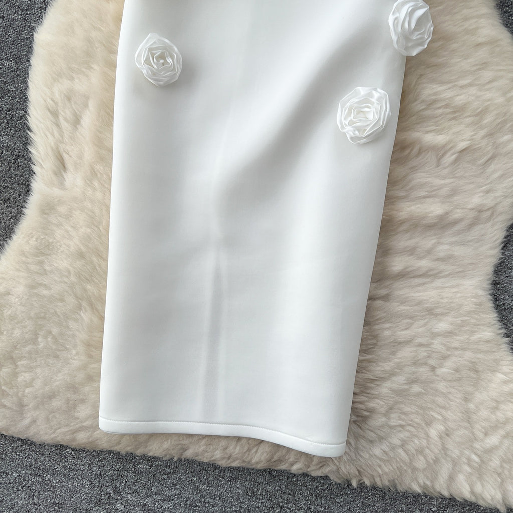 Elegant 3D Rose Strapless Midi Dress – Bodycon Party Evening Dress