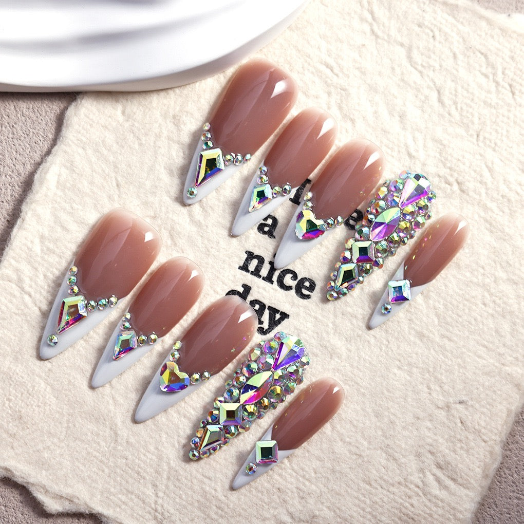 Stiletto french tips rhinestone Acrylic Set