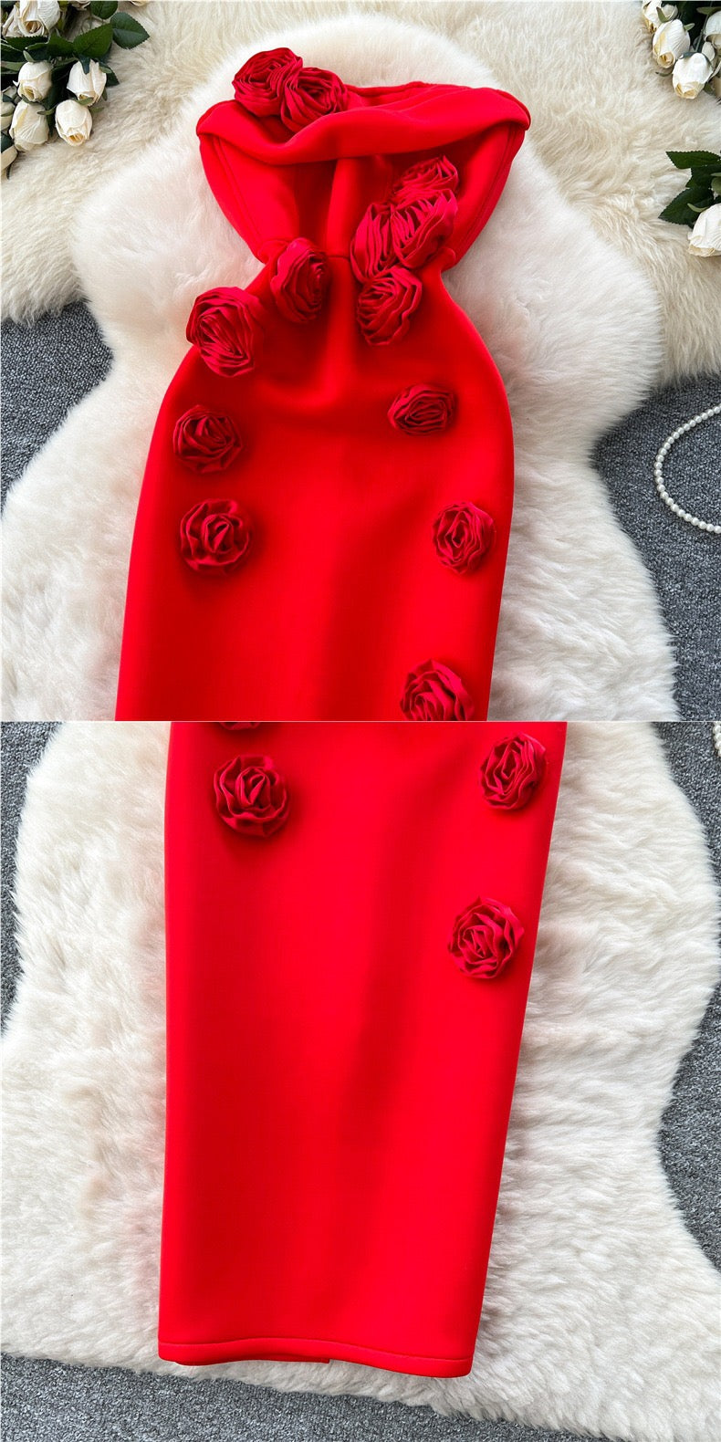 Elegant 3D Rose Strapless Midi Dress – Bodycon Party Evening Dress
