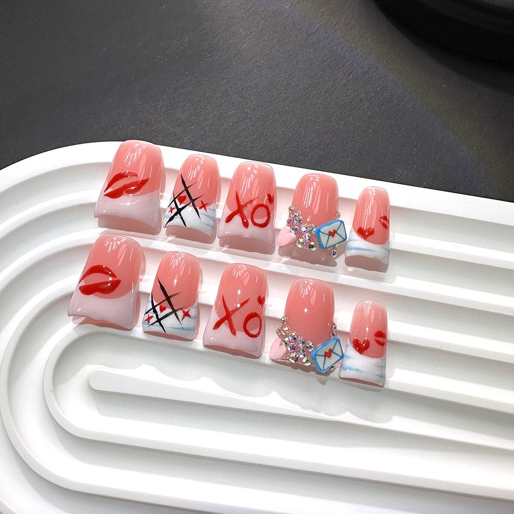 Handmade Love Letter Acrylic Press-On Nails – XO, Kiss Print, Rhinestone Accent Set