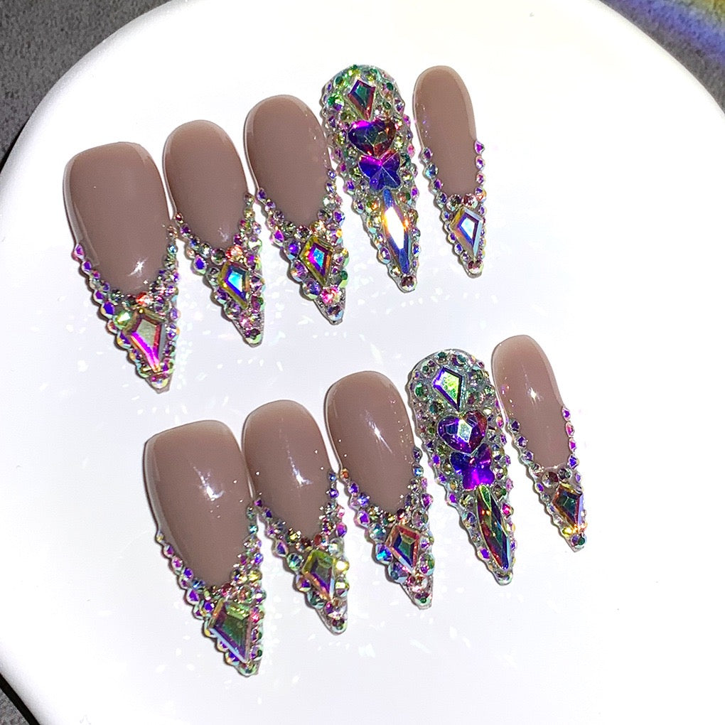 Crystal Encrusted Nude Acrylic Press-On Nails – Luxury Rhinestone Stiletto Set