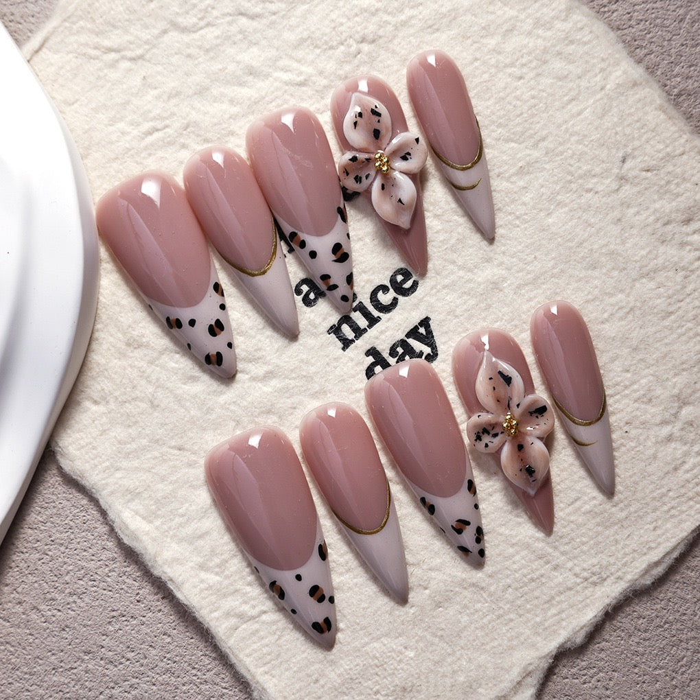 Blush Pink Leopard French Tip with 3D Flower Accent