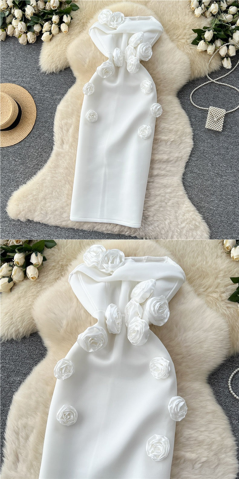 Elegant 3D Rose Strapless Midi Dress – Bodycon Party Evening Dress