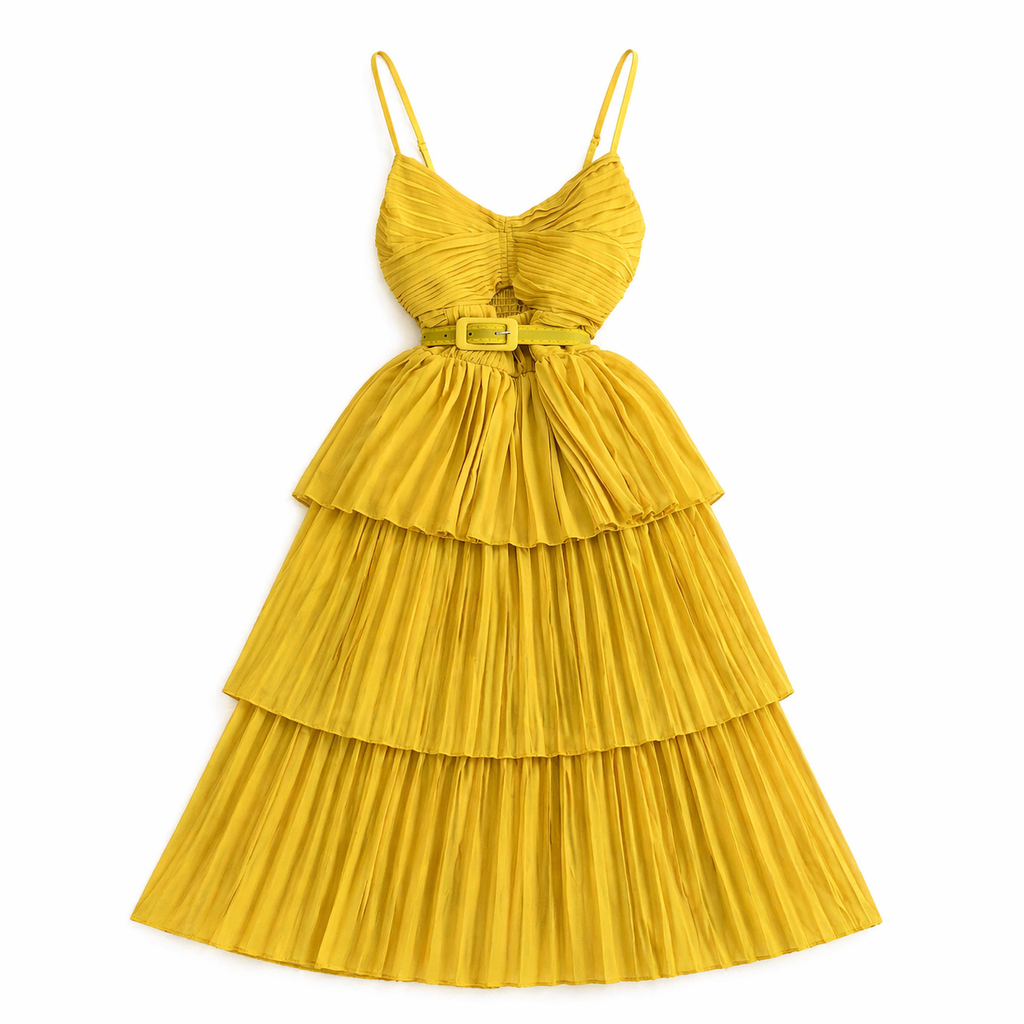 Yellow pleated midi dress with belt
