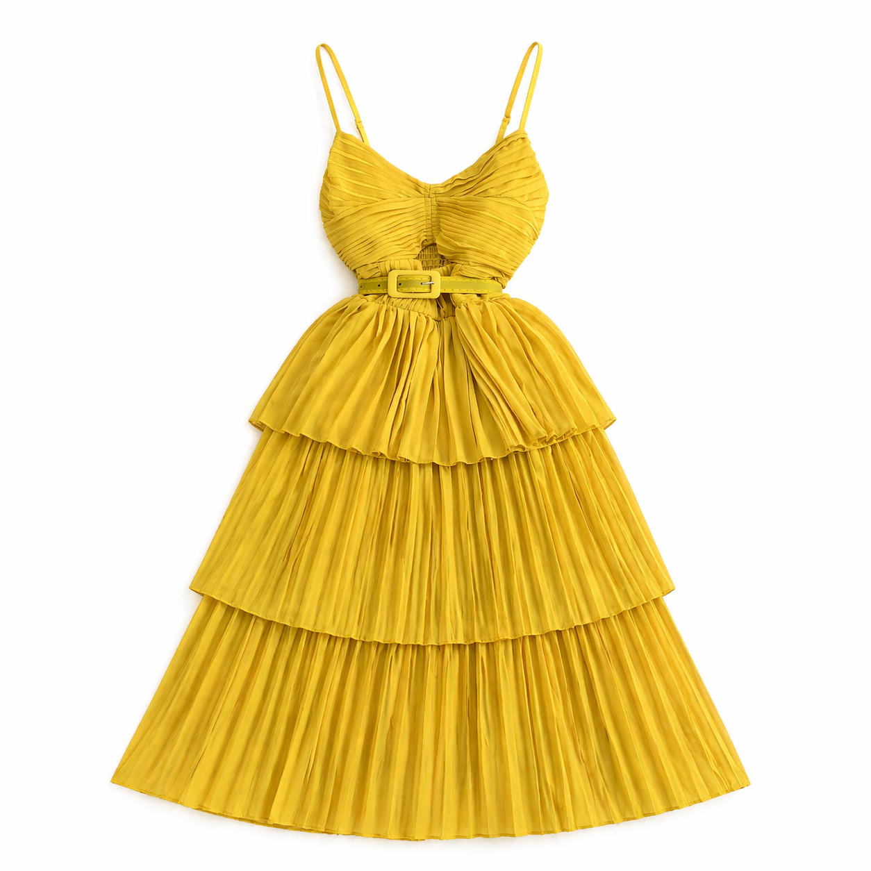 Yellow pleated midi dress with belt