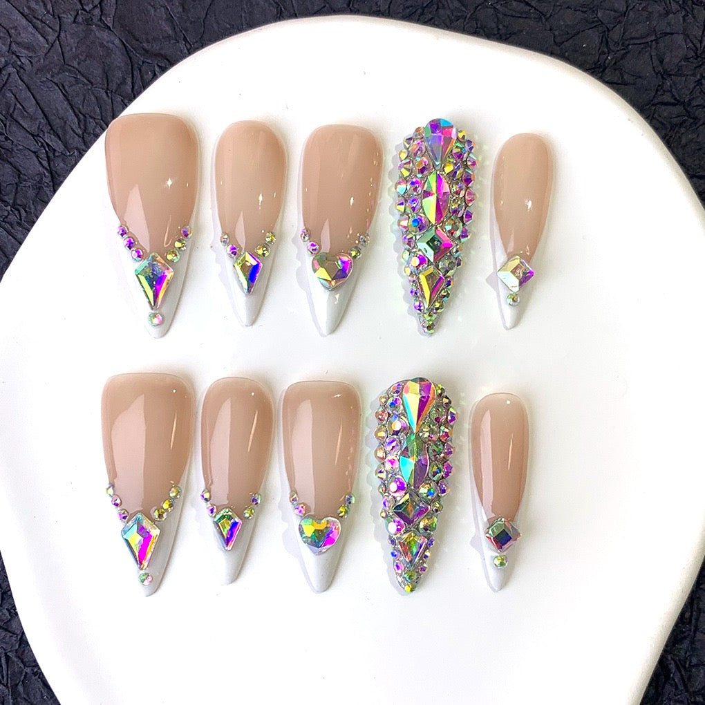 Stiletto french tips rhinestone Acrylic Set